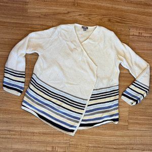 J. Jill Cream Open Front Striped Blue Wrap Sweater Size Small